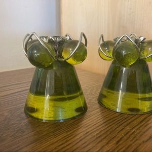 Set of two green glass designed candle holders